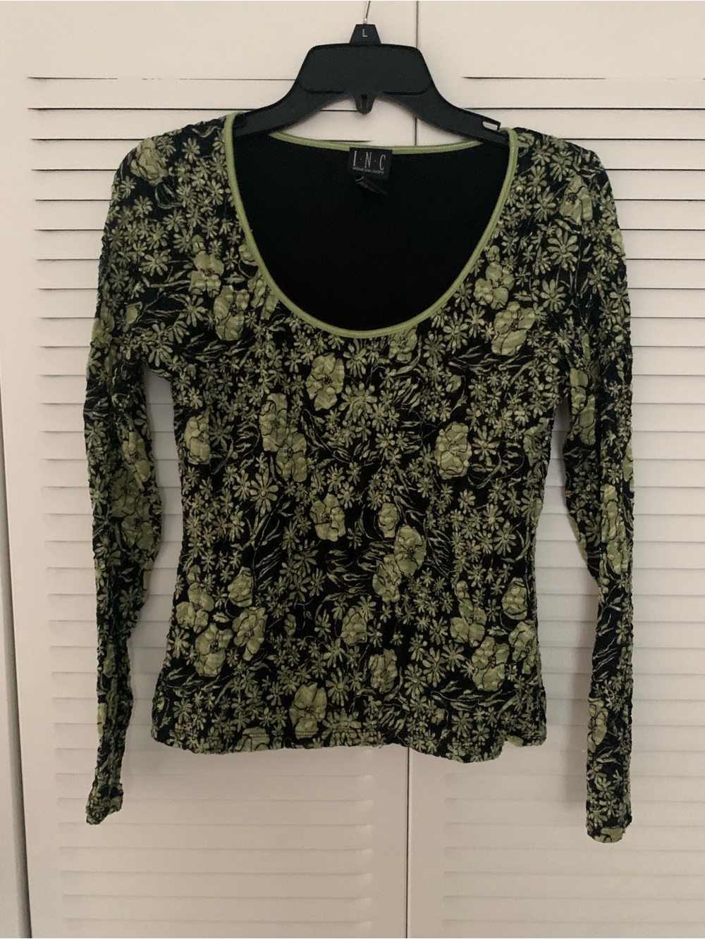 INC International Concepts Black Lace & Green Floral Scoop Neck Long Sleeve Top